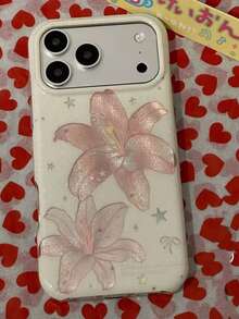 韓式INS風粉色羽毛百合花手機殼，適用於Apple 17 Pro Max 17 Pro 16 Pro Max 16 Pro 15 Pro Max 15 Pro 18 Pro Max 18，防震保護殼，女款小眾設計 - 白色 - 查看 2