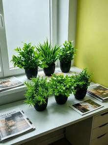 6pcs Artificial Greenery Potted Plants Set, Includes Eucalyptus Leaves, Rosemary, Magnolia, Black Plastic Mini Pots, Suitable For Home Indoor Office Desk, Country Style, Bathroom Decor, Patio Decor, Gifts, Garden Decor, Bedroom, Outdoor Plants, Gardening, Artificial Greenery Set - Green - View 8