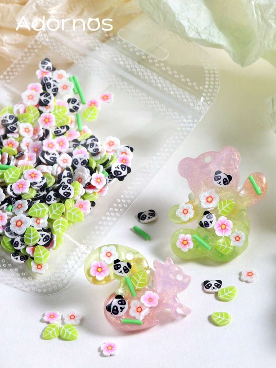 10g Mezcla de Rebanadas de Arcilla Polimérica con Panda, Flor Rosa y Hoja, Lindas Chispas de Arcilla Suave de Dibujos Animados para DIY, Encantos de Resina, Decoración de Uñas, Rellenos de Resina y Slime