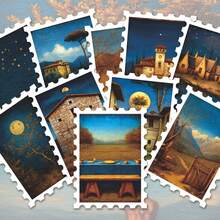 36pcs Mountain Lake Rural Cabin Stickers Pack | Aesthetic Vintage Golden Blue Starry Sky Classical Oil Painting Landscape Graphics | Vinyl For Journaling & Scrapbooking - Rectangle - View 3
