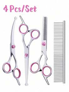 1-6Pcs Professional Round Tip Pet Grooming Scissors Set, Stainless Steel Serrated Thinning Shear & Double Sided Steel Comb With Storage Bag, Pet Grooming Scissors Set For Dogs And Cat - Pink - View 20
