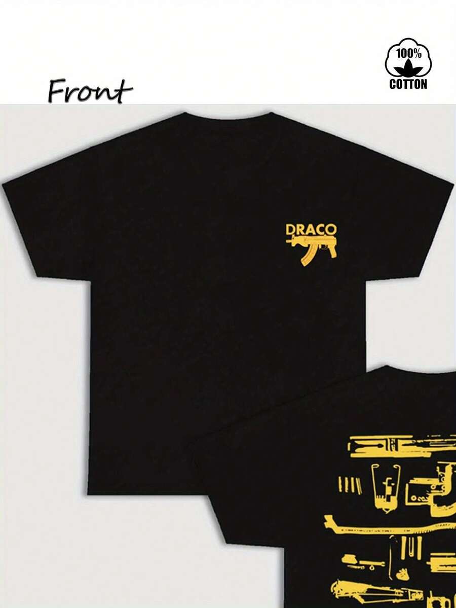 Talla, (camiseta de algodón de 220g con estampado a doble cara) estampado con diseño de pistola DRACO,% algodón, suave y cómoda, cuello redondo casual, camiseta unisex (exclu - Negro - Ver 1