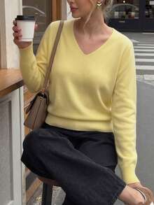 GIGOGOU Women's Basic Knit Pullover Sweater For Autumn/Winter, Soft And Comfortable V-Neck Casual Knit Top, Minimalist Style Yellow Fall - Yellow - View 5