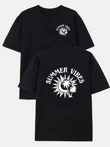 Camiseta para hombre con diseño de palmeras tropicales - estampado completo a doble cara, de manga corta, cuello redondo, estilo casual deportivo para playa, base negra con patrón de palmera - Negro - Ver 2