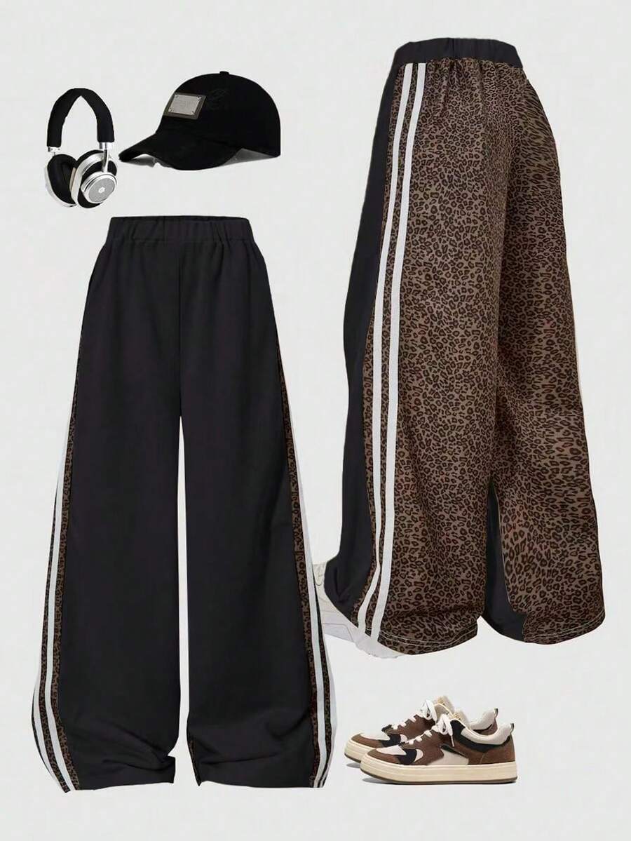 Fashionable Casual Girls Sports Set, Featuring Wide Leg Leopard Print Patchwork Striped Sports Pants, Suitable For Spring, Summer, Autumn - Black - View 1