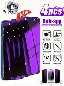 4pcs Purple Light Anti-Peep Glass Screen Protector Anti-Blue Light Privacy Protection Compatible With Phone 11/12/13/14promax/15Pro Max/16/16 Plus/16 Pro/16 Pro Max/16e/17/17 Air/17 Pro/17 Pro Max - Purple - View 18