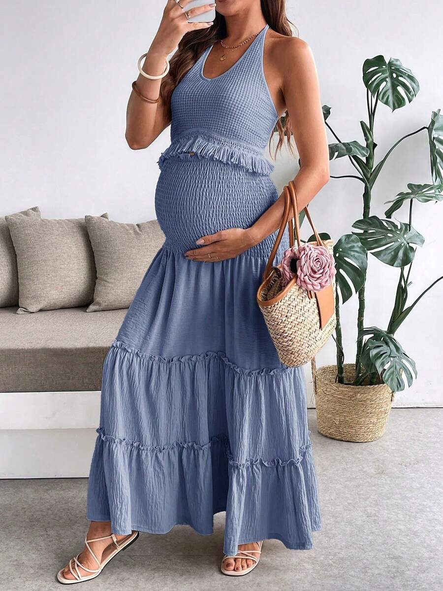 Conjunto de top con escote halter y volantes en el bajo, y falda con cintura fruncida en unicolor, de moda para fiestas y salidas, para embarazadas - Azul - Ver 1