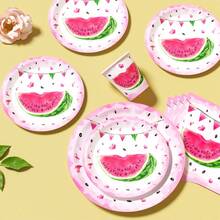 100/25/10pcs Pink Heart Melon Pattern Disposable Plates, Napkins, Cups, Disposable Party Supplies Set, Suitable For 25 Guests, Disposable Paper Plates Party Tableware Suitable For Birthday, Wedding, Theme Party, Family Picnic - Style 1 - View 4
