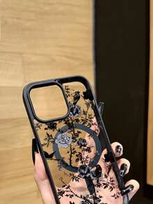 1pc Black Floral Magnetic Fashion Phone Case, New Creative Shadow Forest Peony Pattern Unique Phone Case, Suitable For Apple 16 Pro Max, 11/12/13/14 Plus, XR, 7/8 Plus, 15 Pro Max Series, Spring Gift, Birthday Gift - Black - View 3