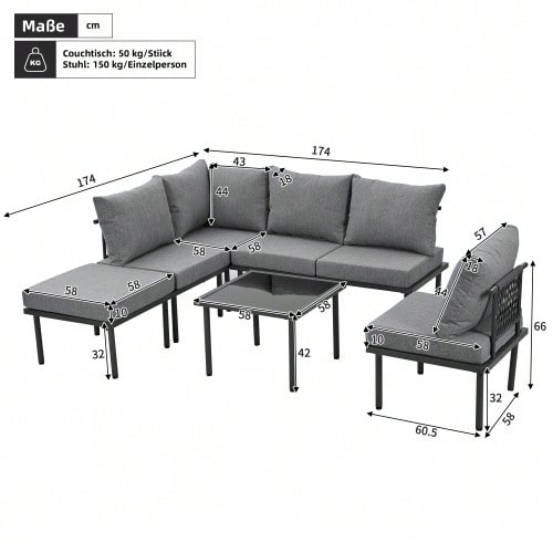 Set med 6 trädgårdsloungestolar med galvaniserad järnram, beige flätat rep, justerbara fötter och slät glasskiva. Sits- och ryggdynor ingår. - Grå - Visa 6