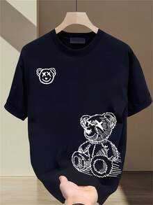Camiseta de manga corta estampada de marca de moda para hombre en verano, hecha de tejido grueso puro, estilo coreano, estilo japonés, tops estampados versátiles para hombre. - Negro - Ver 1