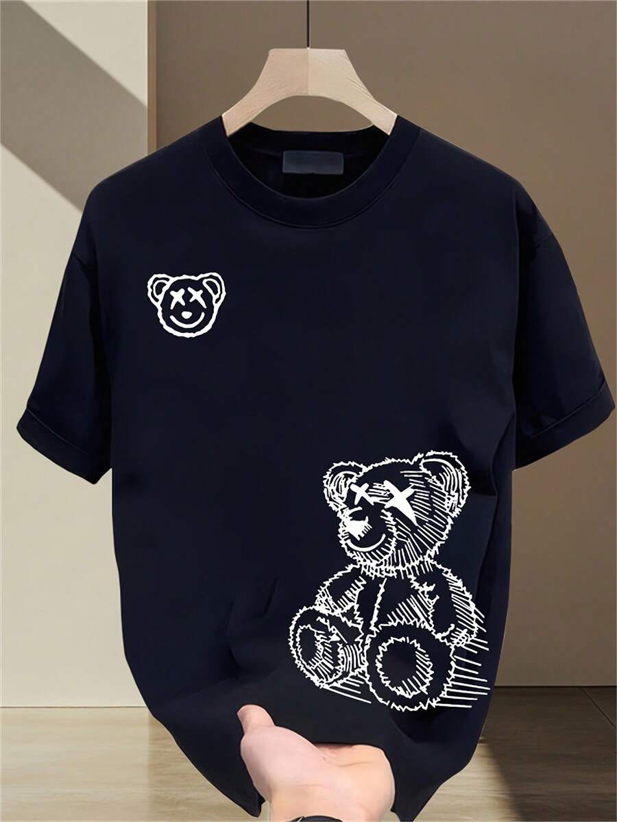 Camiseta de manga corta estampada de marca de moda para hombre en verano, hecha de tejido grueso puro, estilo coreano, estilo japonés, tops estampados versátiles para hombre. - Negro - Ver 1