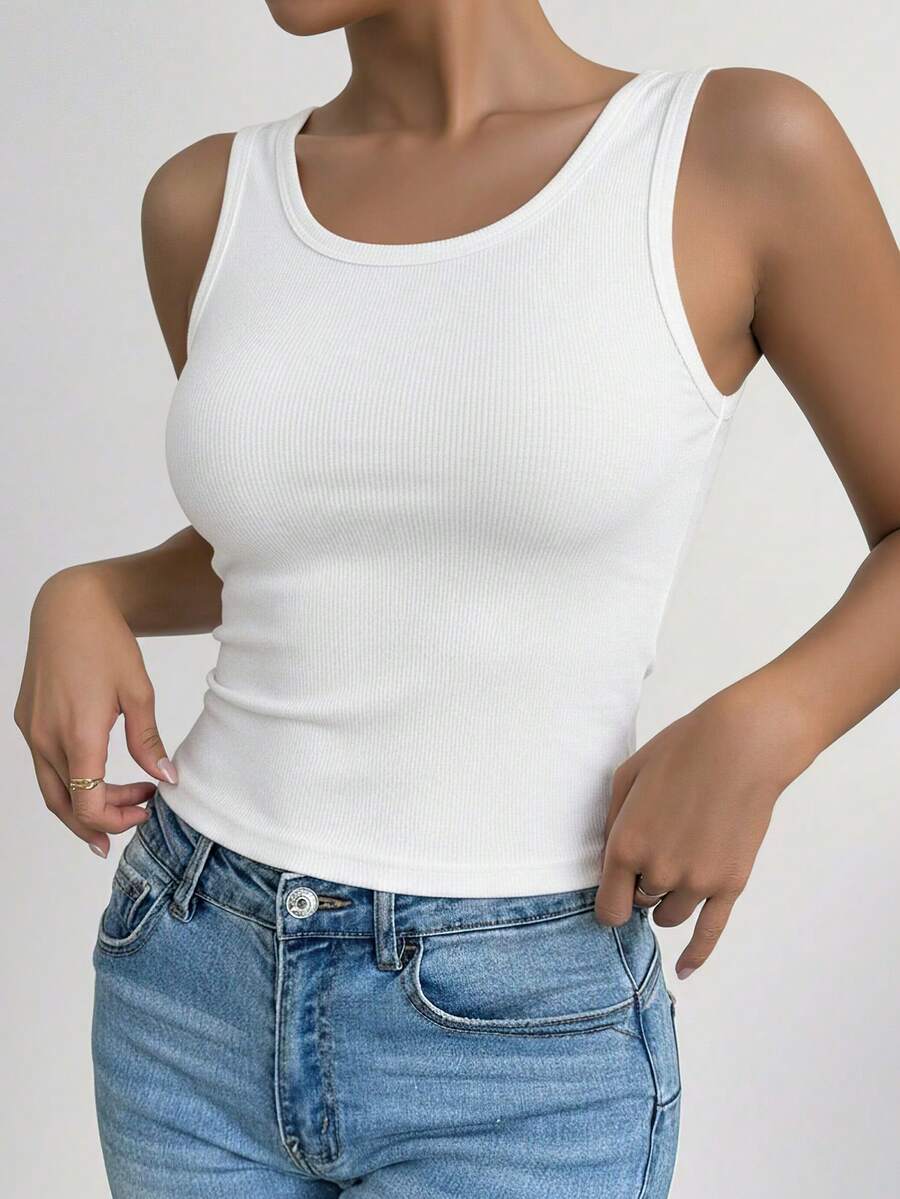 1件女款純色無袖極簡主義背心，中度彈性，適合夏季