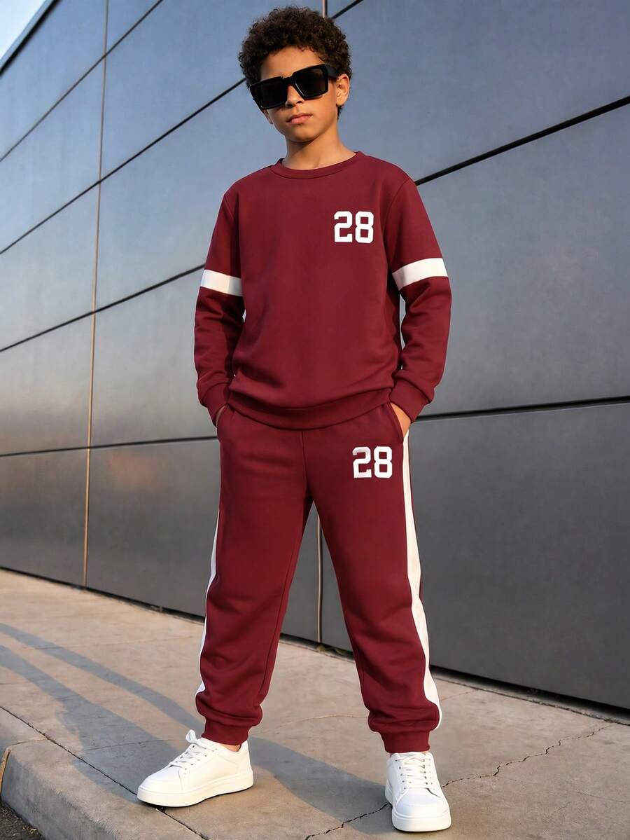 Boys' Spring/Autumn Long Sleeve Sweatshirt And Long Pants 2 Pieces Set, 28 Print, Simple Casual Fashion Outfit - Red - View 1