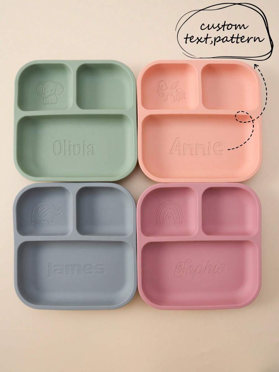 1pc Personalized Customization Name & Pattern Silicone Square Suction Plate Infant Feeding Tableware Food Storage Dishes For Baby Boys & Girls - Multicolor - View 1