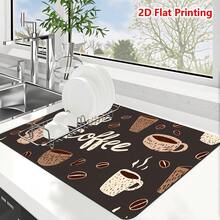 1/10pcs Coffee Cup Printed Dish Drying Mat For Kitchen Counter, Heat Resistant Drainer Mats With Non-Slip Rubber Backed, Hide Stain Kitchen Super Absorbent Draining Mat, Easy To Clean Dish Rack - Grey - View 2