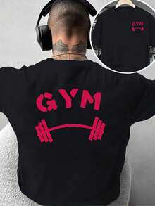 Camiseta de moda para hombre con diseño estampado a doble cara, camiseta con estampado de barra de gimnasio, estilo fitness, versátil para deportes, adecuada para uso diario casual en casa o - Negro - Ver 1