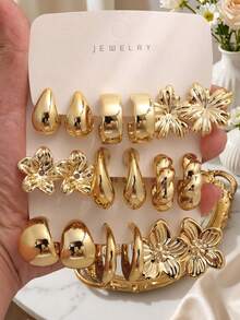6 Pairs/3 Pairs/Set Fashion Floral & Geometric Combination Gold Metal Earrings Set, Exquisite Jewelry Designed For Women, Suitable For Daily Wear - Gold - View 1
