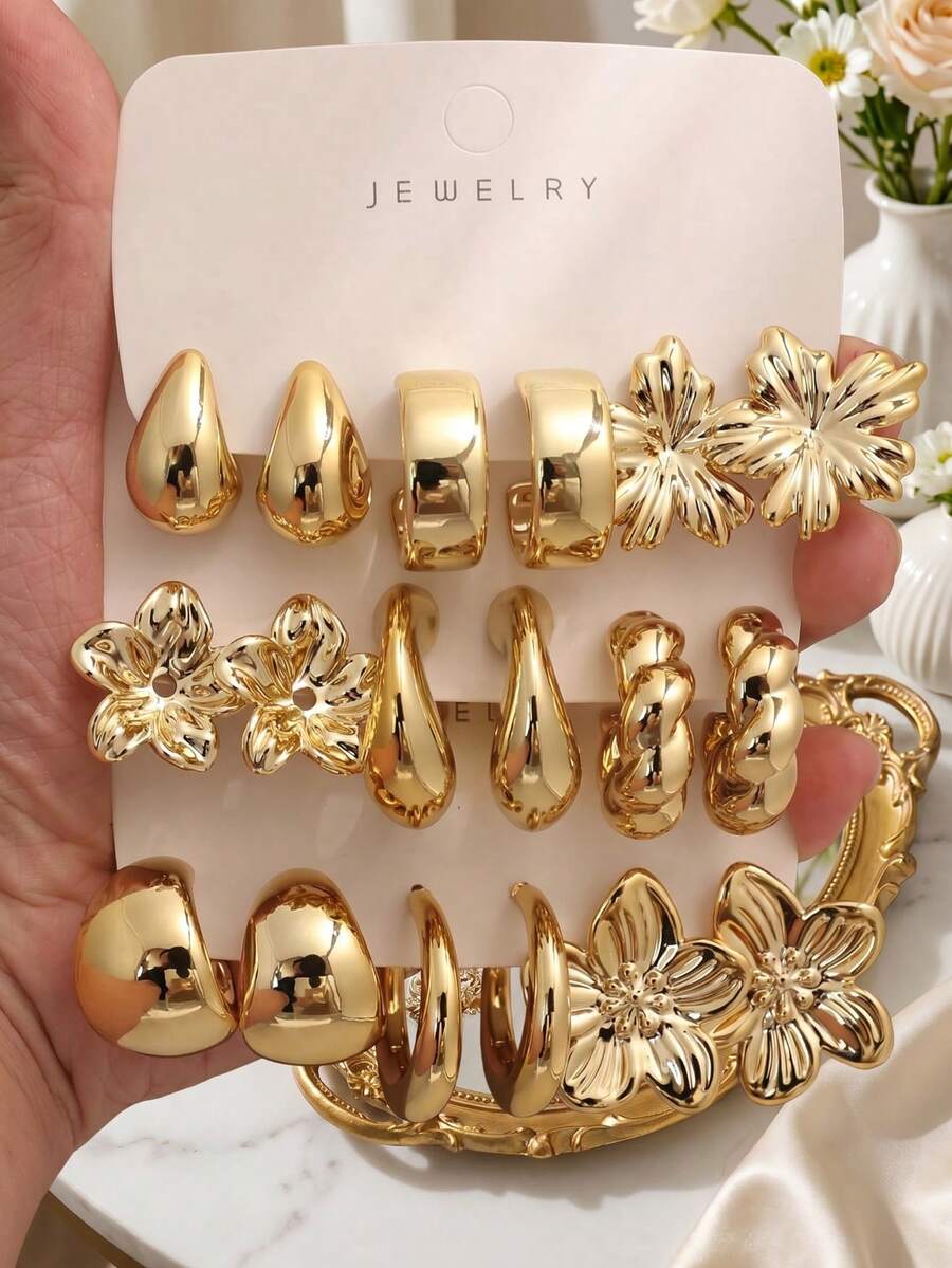 6 Pairs/3 Pairs/Set Fashion Floral & Geometric Combination Gold Metal Earrings Set, Exquisite Jewelry Designed For Women, Suitable For Daily Wear - Gold - View 1