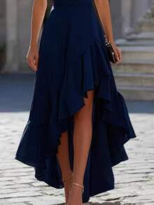 Women's Halter Ruched High Low Satin Midi Dress, Ruffled Irregular Hem Formal Dress For Cocktail Party, Wedding Guest & Evening Occasions - Blue - View 3