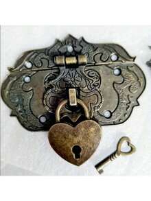 1set Antique Bronze Hasp Latch Lock Set With Heart-Shaped Padlock And Key For Wooden Box, Decorative Vintage Iron Hardware Accessory - Multicolor - View 2