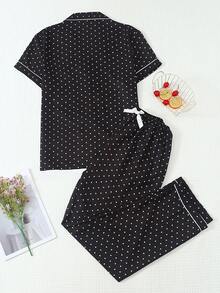 2pcs Set Comfortable Mini Polka Dot Print Short Sleeve Top And Bow Long Pants Women's Pajama Set Loungewear - Black - View 2