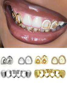3Pcs 14k Copper Hollow Heart Cutout Clip-On Tooth Jewelry, Y2K Grillz Valentines Halloween Decor Grills For Teeth Women - Multicolor - View 3