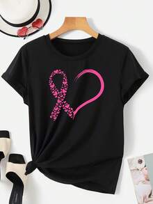 Women's T-Shirt - Casual Pink Blouse With Hearts And Bow, Machine Washable, Soft And Stretchy Fabric, Ideal For Charity Events And Everyday Wear - 黑色 - 查看 1