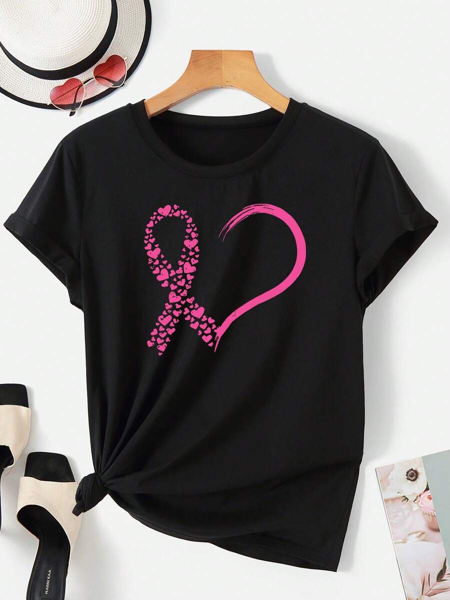 Women's T-Shirt - Casual Pink Blouse With Hearts And Bow, Machine Washable, Soft And Stretchy Fabric, Ideal For Charity Events And Everyday Wear - 黑色 - 查看 1