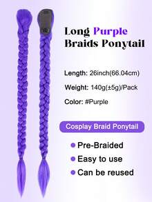 26inch Long Purple Braid Hair Ponytail Easy Clip In Purple Ponytail Hair Extensions For Cosplay Halloween And Christmas Costume - Multicolor - View 2