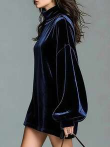 Women's Fashion Elegant High Neck Lantern Sleeve Velvet Mini Dress Solid Color Party Daily Date Autumn Winter Fall - Royal Blue - View 3