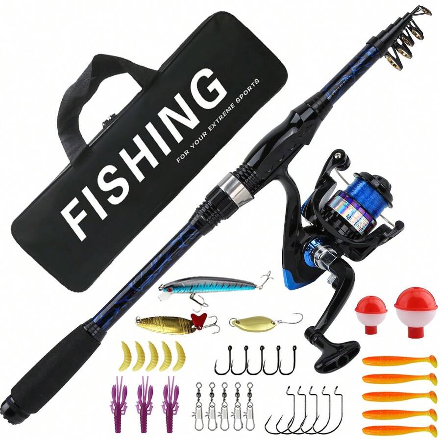 Set Pancing Teleskopik Deep Blue 1,8m dengan Reel Terpasang, Kotak Pancing & Tas Penyimpanan, Perlengkapan Memancing Air Tawar Portabel Ramah Pemula untuk Berkemah