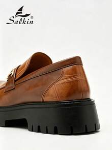 Salkin 新款奢華復古設計男士樂福鞋套腳款，格紋鱷魚壓紋柔軟皮革透氣圓頭正裝鞋，優雅紳士商務休閒鞋，男士日常辦公派對婚禮厚底增高新郎鞋，情侶約會浪漫晚餐節日禮物返校學生鞋，適合四季，建議選擇大一號 - 棕色 - 查看 4