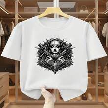 Breathable T-Shirt, Dark Nun Print With Guns, Roses And Thorns, Etched Ink Style, Ideal For Gothic Looks And Nights Out. - 白色 - 查看 2