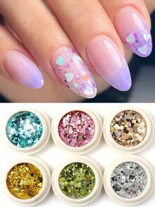 6 cajas de mini brillo para uñas con forma de corazón redondo brillante, decoración de arte de uñas con estrellas brillantes, lunares, metal dorado, plateado, verde, azul y rosa, estilo de fiesta de verano, suministros DIY para uñas, dijes para uñas - Multicolor - Ver 8