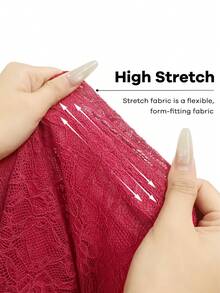 Elegant Retro Burgundy Lace Spaghetti Strap Mini Dress, Cowl Neck Side Ruched Asymmetric Ruffle Hem Slim Bodycon Party Dress - Red - View 9