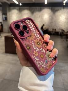 Fashionable Floral Print Anti-Drop Phone Case, Compatible With 11/12/13/14/15 Pro Max - 酒紅色 - 查看 1