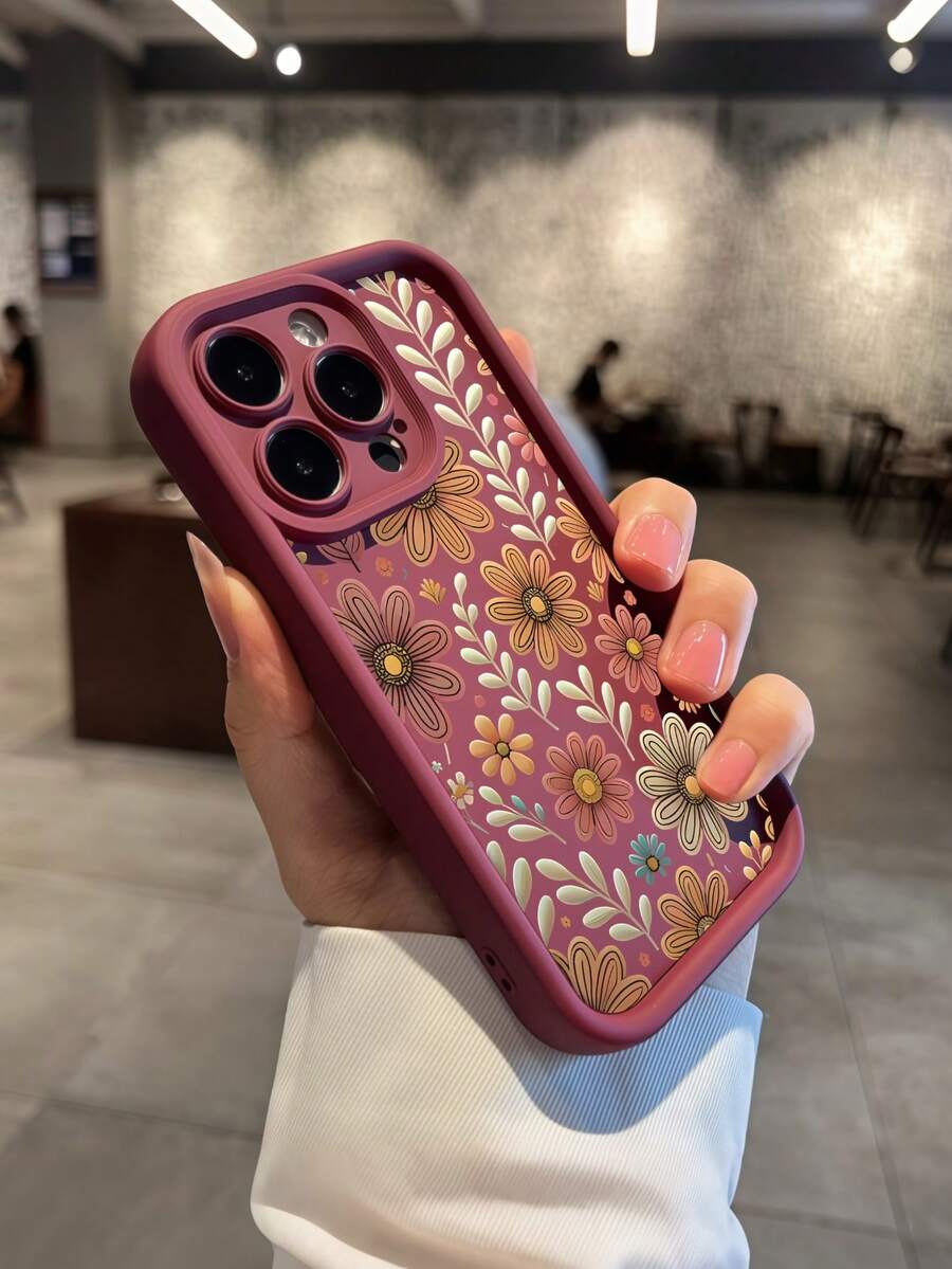 Fashionable Floral Print Anti-Drop Phone Case, Compatible With 11/12/13/14/15 Pro Max - 酒紅色 - 查看 1