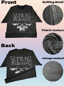 Camiseta unisex vintage lavada de gran tamaño en negro, con estampado de la leyenda DANZIG, calavera, guitarra y amplificador de Bruce. Regalo musical unisex, camiseta de verano suave con es - Negro - Ver 5