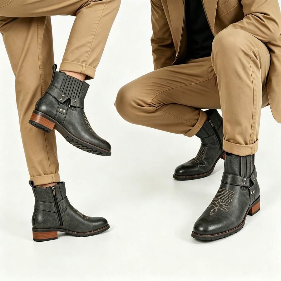 Men Vintage Black Distressed Leather Short Boots, Western Embroidery Buckle Strap Low Heel Daily Wear Ankle Boot - Grey - View 1