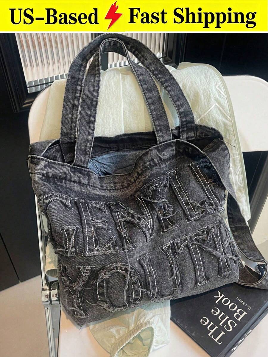 Large Capacity Casual Tote Bag, With Letter Patchwork, Embroidery Thread, Tassel, Multiple Carrying Options, Perfect For Women For Daily Commuting Or Holding Books School Bag, Back To School Backpack, Portable, Lightweight, Large Capacity, Classic Casual, Suitable For Teen Girls Y2k Bag, 2000s Fashion Style, Gothic Punk Bag For Women,Back To School - 彩色 - 查看 1