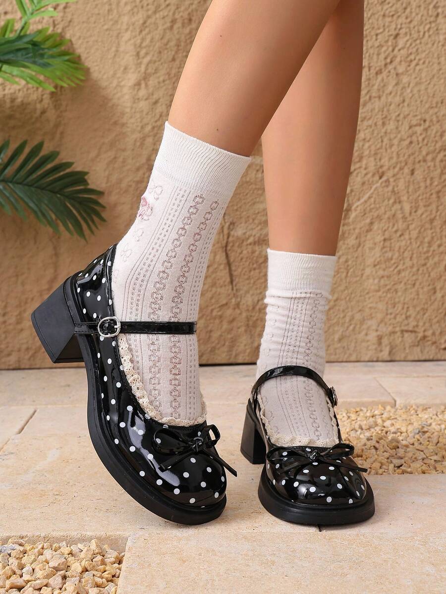 1 Pair New Polka Dot Bow Ballet Shoes, Essential For Daily Outings And Dates, Adding Radiance To Every Step - Black - View 1