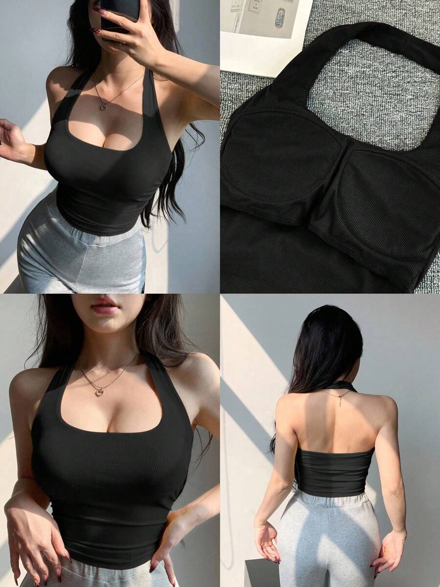 Short, Fitted, Strappy, Backless Top In Brown, Suitable For Summer And Spring In Y2K Style - Negro 5 - View 1