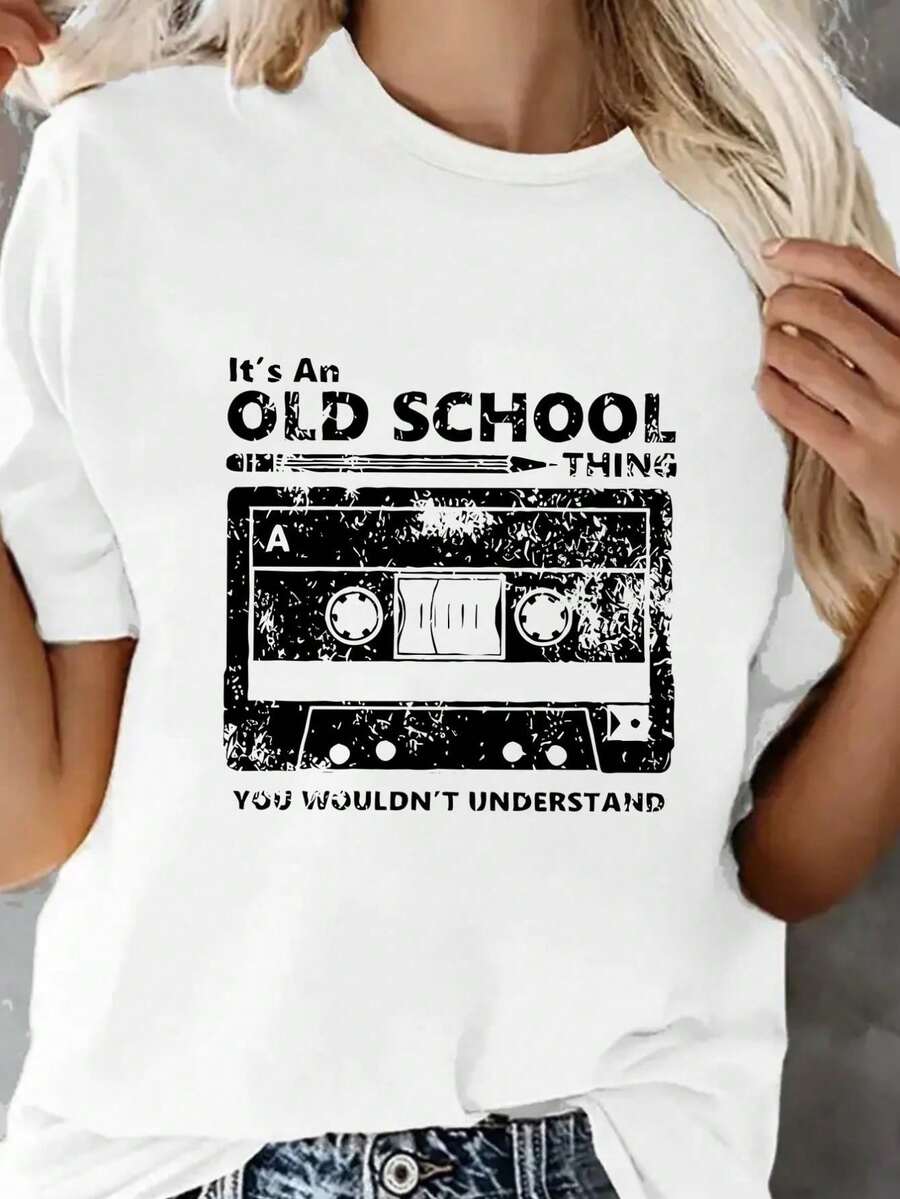 Women's Casual Short Sleeve T-Shirt With Magnetic Tape Print And Round Neck - Unisex Urban Vintage Style, Loose Fit 100% Pure Cotton T-Shirt - 白色 - 查看 1