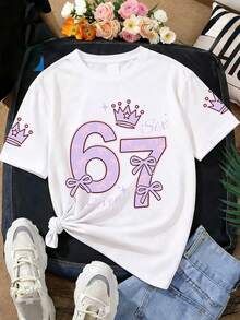 2pcs/Set Girls Round Neck Short Sleeve T-Shirt And Skort Set, Printed With English Words, "67" Number And Crown Pattern, Skort With Bow Design - White - View 3