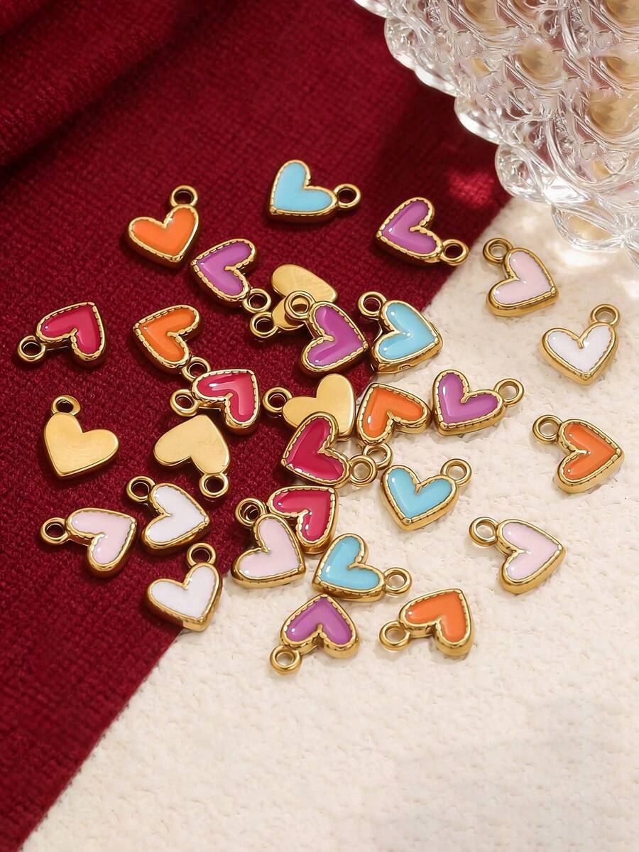 1/5Pcs 18K Gold Plated Enamel Mini Heart Pendants, 304 Stainless Steel Drip Oil Heart Charms DIY Women Bracelet Necklace Accessories - Love Pendant - View 1