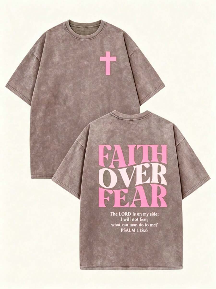 Psalm 118:6 Faith Over Fear Shirt Pink Cross Graphic Vintage Wash Christian Streetwear Church Outfit, Women Washed T-Shirt,Vacation Outfits Women - 棕色 - 查看 1