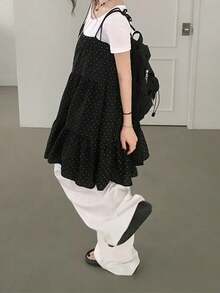 Tank Top Camisole Kasual Wanita Motif Polkadot dengan Hem Berkerut, Warna Hitam, untuk Musim Panas - Hitam - View 9