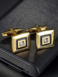 1 par de elegantes gemelos cuadrados de cobre, gemelos de camisa francesa con strass de lujo ligero, accesorios casuales de negocios para hombres - Multicolor - Ver 6