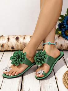 1 Pair Women Green Bohemian Open Toe Flat Slide Sandals 3D Flower Rhinestone Butterfly Slip On Summer New Design - Green - View 5